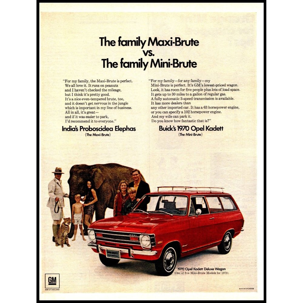 1970 Buick Opel Kadett Deluxe Wagon Vintage Print Ad Elephant Leopard Wall Art